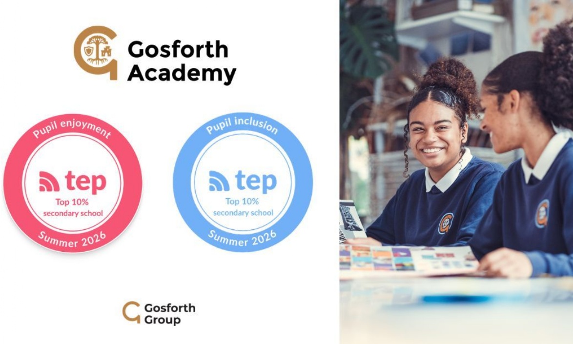 Gosforth Academy logo and the two TEP award logos alongside a image of two students enjoying an art class.